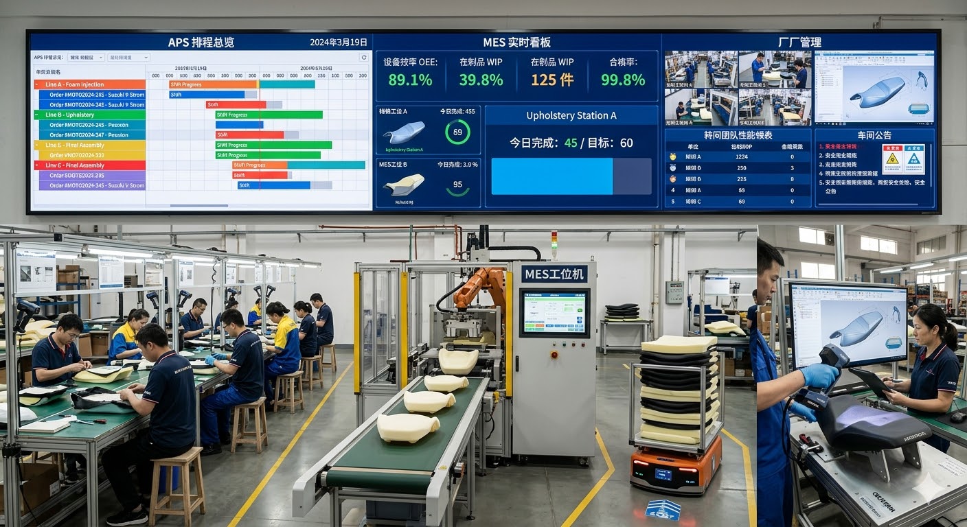 Factory floor with MES and APS production control dashboards displayed above assembly lines.