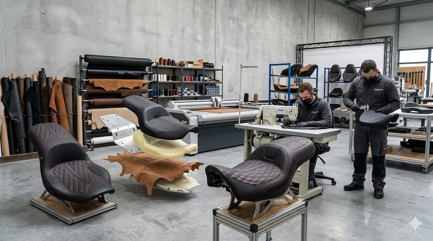Flagship motorcycle seat assemblies in a studio workshop setting