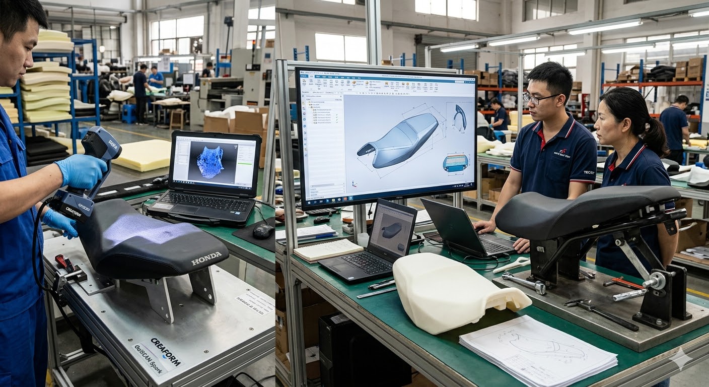 Engineers reviewing seat scan data, CAD models, and physical samples in the factory.