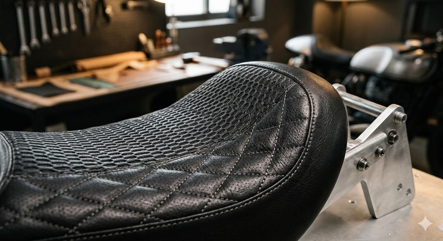 Close-up of premium motorcycle seat trim showing texture, quilting, and precise stitching.